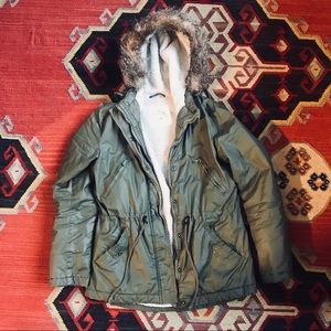 Olive green lined and hooded jacket